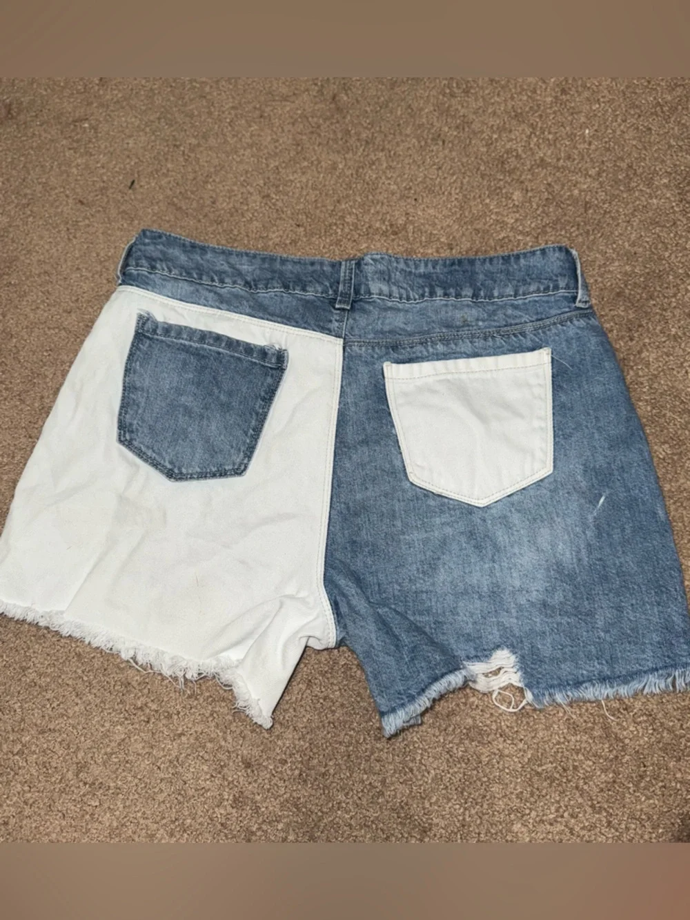 Two-Tone Distressed Jean Shorts in Blue & White - Picture 4 of 6